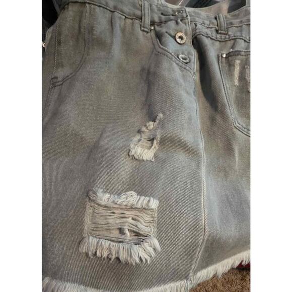 POL Gray Distressed Denim Overall Skirt Jumper Dress Small Frayed Hem Casual - Picture 7 of 12